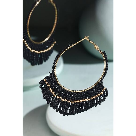 Seed Bead Loop Tassel Hoop Earring : BLACK(GDBLK) - Picture 1 of 1